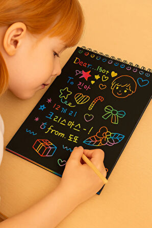 ( 3 Adet ) A4 Sihirli Gökkuşağı Defter 20x30 cm Siyah Kazıma Defteri Sprialli