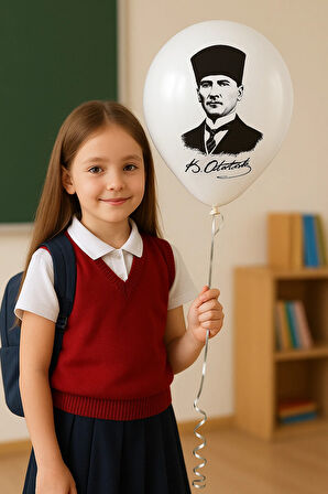 ( 1 Adet ) Atatürk Baskılı Balon Beyaz Balon Milli Bayram Süsleme