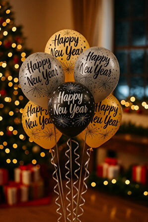 Happy New Year Yılbaşı Balon Seti 50’li – Altın Gümüş Siyah Parti ve Süsleme Balonları