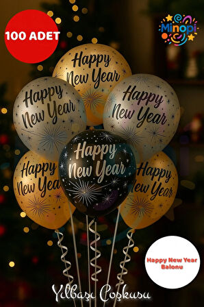 Happy New Year Yılbaşı Balon Seti 100’lü – Altın Gümüş Siyah Parti ve Süsleme Balonları