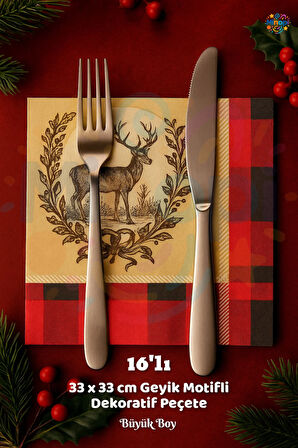 Geyikli Peçete Sunumluk I16 Adet Dekoratif Estetik Yılbaşı Parti Konsepti 33x33 Cm