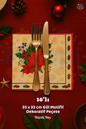 Gül Motifli Peçete Sunumluk I16 Adet Dekoratif Estetik Yılbaşı Parti Konsepti 33x33 Cm