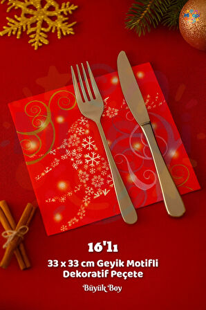 Kırmızı Geyikli Peçete Sunumluk I16 Adet Dekoratif Estetik Yılbaşı Parti Konsepti 33x33 Cm