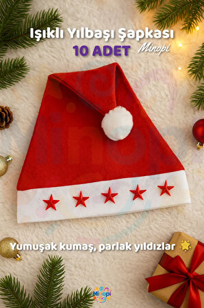Işıklı Yılbaşı Yeni Yıl Şapkası I 10 Adet Açma Kapama Düğmeli Sırasıyla Akarak Yanan Yıldızlı Kar