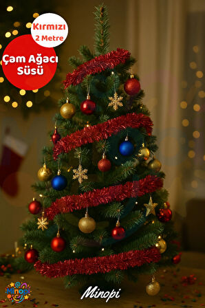 Kırmızı Yılbaşı Garland Doğum Günü Simi Çam Ağacı Süsü 200 Cm Boyuna Boyuna Asılan Süsleme Sim