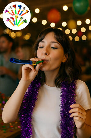 25 Adet Yılbaşı Uzayan Düdük Kaynana Dili Rengarenk Parti ve Doğum Günü Düdüğü