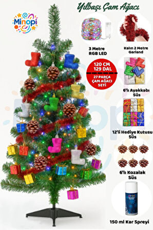 120 Cm Yılbaşı Çam Ağacı Seti | RGB Peri Led Işıklı Ve Yılbaşı Süsleri Paketi | Kar Spreyi | Noel