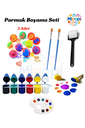 6x25 ml Parmak Boyası, 3 Adet Eva Baskı, Ponpon Fırça, Sünger Rulo, Palet, Fırça Çocuk Boyama Seti