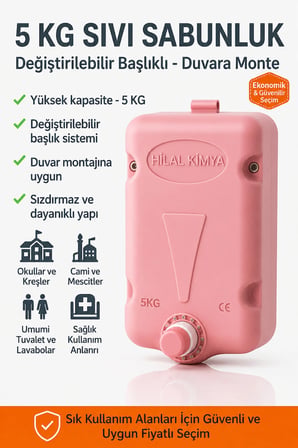 5 Kg Depolu Sıvı Sabunluk | Büyük Boy Endüstriyel Duvara Monte | Okul, Cami, Fabrika, Toplu Kullanım - Pembe