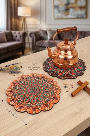 Renkli 2 li Desenli Nihale Ahşap Tencere Tava Çaydanlık Atlığı Nihale Seti