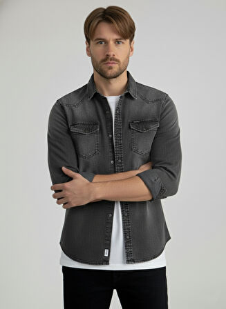 Erkek Gömlek Slim Fit Erkek Yıkamalı Kot Gömlek