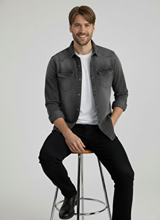 Erkek Gömlek Slim Fit Erkek Yıkamalı Kot Gömlek