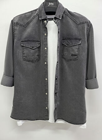 Erkek Gömlek Slim Fit Erkek Yıkamalı Kot Gömlek