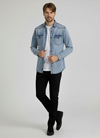 Erkek Gömlek Slim Fit Erkek Yıkamalı Kot Gömlek