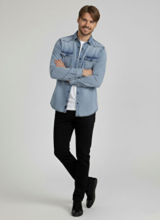 Erkek Gömlek Slim Fit Erkek Yıkamalı Kot Gömlek