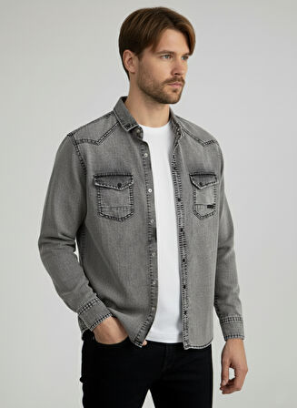 Erkek Gömlek Slim Fit Erkek Yıkamalı Kot Gömlek