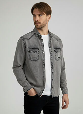 Erkek Gömlek Slim Fit Erkek Yıkamalı Kot Gömlek