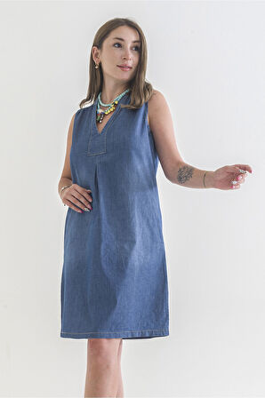 Bold & Young Kadın Cepli 3/4 Kol Çekmez Omuz Büzgülü A Pli Pamuklu Dokuma Kumaş Efsane Elbise