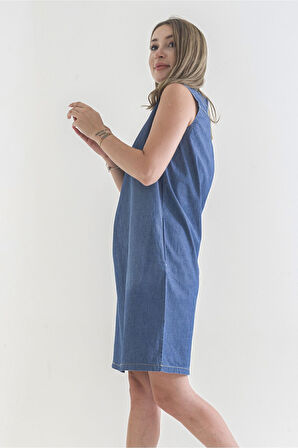 Bold & Young Kadın Cepli 3/4 Kol Çekmez Omuz Büzgülü A Pli Pamuklu Dokuma Kumaş Efsane Elbise