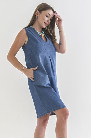 Bold & Young Kadın Cepli 3/4 Kol Çekmez Omuz Büzgülü A Pli Pamuklu Dokuma Kumaş Efsane Elbise