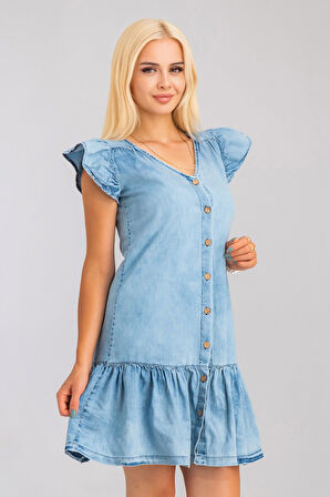 Büzgülü Kollu Önü Düğmeli Compact Penye Likralı Elbise