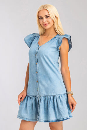 Büzgülü Kollu Önü Düğmeli Compact Penye Likralı Elbise