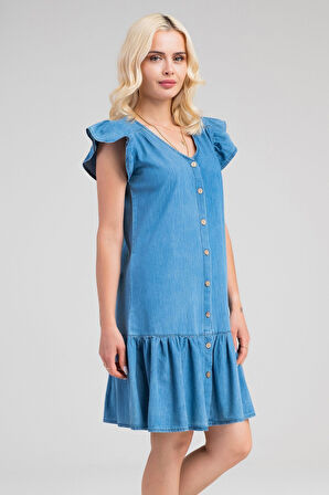 Büzgülü Kollu Önü Düğmeli Compact Penye Likralı Elbise