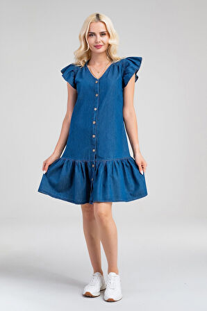 Büzgülü Kollu Önü Düğmeli Compact Penye Likralı Elbise