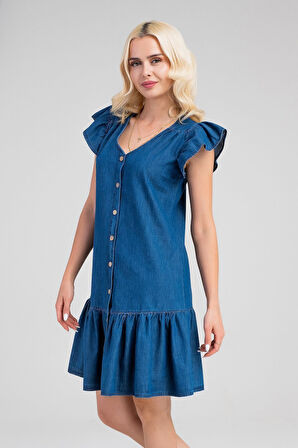 Büzgülü Kollu Önü Düğmeli Compact Penye Likralı Elbise