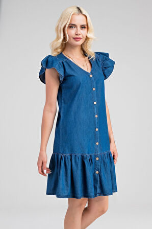 Büzgülü Kollu Önü Düğmeli Compact Penye Likralı Elbise