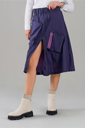 Bold & Young Kadın İndigo Renk Fuşya Astarlı Fermuarlı Cepli Paraşüt Etek