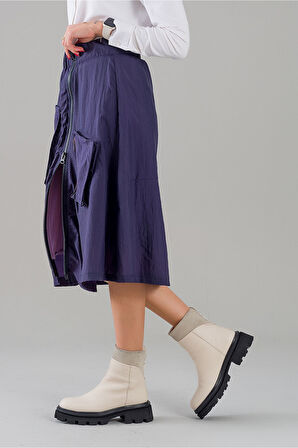 Bold & Young Kadın İndigo Renk Fuşya Astarlı Fermuarlı Cepli Paraşüt Etek