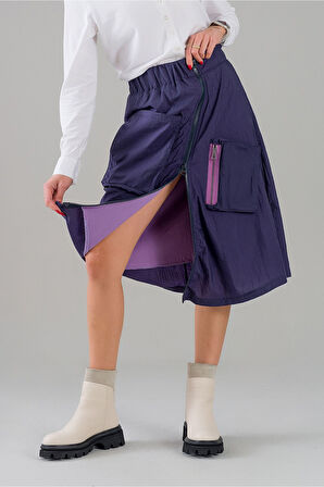 Bold & Young Kadın İndigo Renk Fuşya Astarlı Fermuarlı Cepli Paraşüt Etek