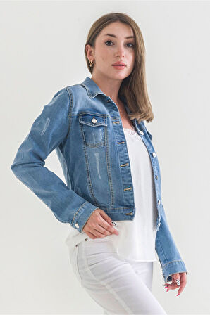 Power Streç Yıpratmalı Bleach Washing Denim Ceket