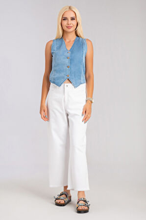 Kadın Bleach Yıkama  Lyocell İnce Denim Kumaş Kot Yelek