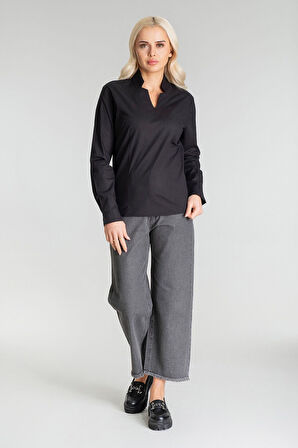 Bold & Young Kadın Yanda Fermuar Detaylı V Yakalı Pensli Likralı Pamuklu Kumaş Tunik