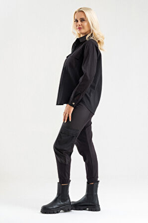 Bold & Young Kadın Siyah Fermuarlı Cepli Gömlek Üst – Uzun Kollu Spor Şık Tasarım