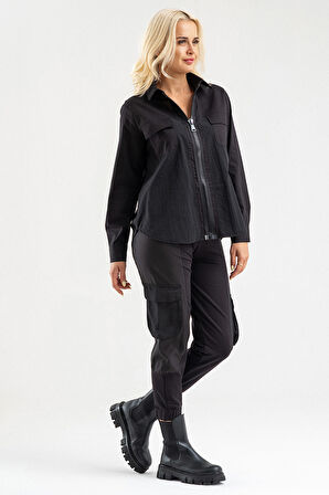 Bold & Young Kadın Siyah Fermuarlı Cepli Gömlek Üst – Uzun Kollu Spor Şık Tasarım
