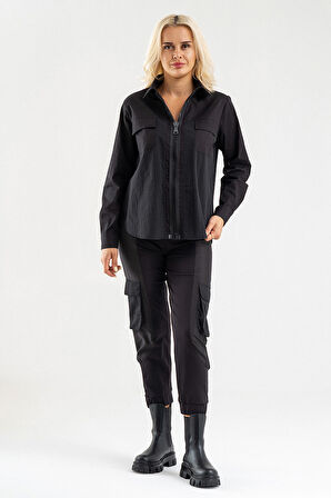 Bold & Young Kadın Siyah Fermuarlı Cepli Gömlek Üst – Uzun Kollu Spor Şık Tasarım