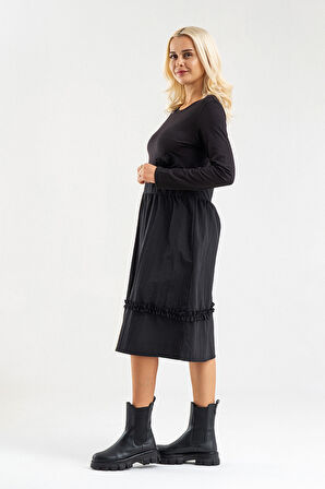 Bold&Young Kadın Cepli Çiçek Desenli Etek Ucu Büzgülü Likralı Pamuklu Elbise