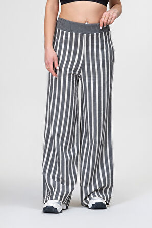 Bold and Young Beli Lastikli Çizgili İpliği Boyalı Bol Palazzo Pamuklu Pantolon
