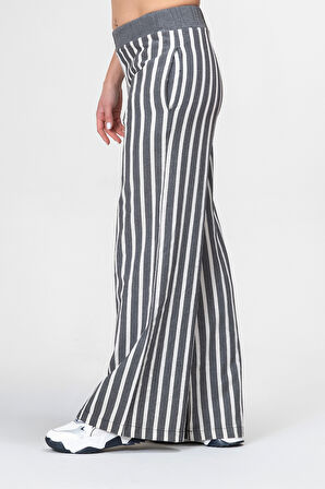 Bold and Young Beli Lastikli Çizgili İpliği Boyalı Bol Palazzo Pamuklu Pantolon