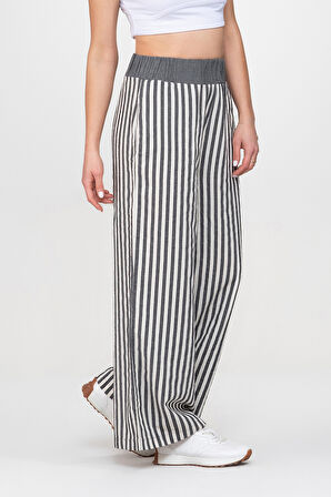 Bold and Young Beli Lastikli Çizgili İpliği Boyalı Bol Palazzo Pamuklu Pantolon