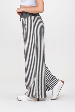 Bold and Young Beli Lastikli Çizgili İpliği Boyalı Bol Palazzo Pamuklu Pantolon