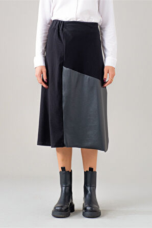 Bold & Young Kadın Siyah Suni Derli Kombinli Beli Lastikli Likralı Örme Kumaş Etek