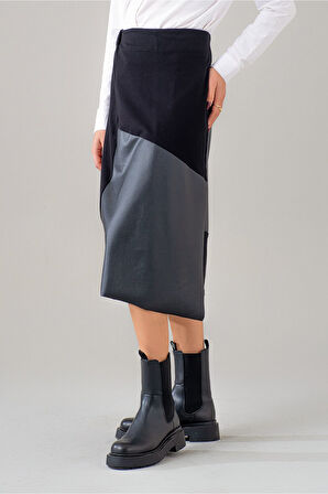 Bold & Young Kadın Siyah Suni Derli Kombinli Beli Lastikli Likralı Örme Kumaş Etek