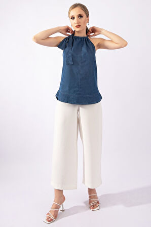 Kadın Mavi Renk Boyundan Bağlamalı Örme Kumaş Penye Tunik