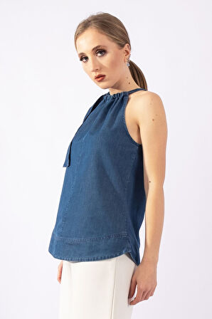 Kadın Mavi Renk Boyundan Bağlamalı Örme Kumaş Penye Tunik