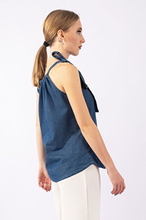 Kadın Mavi Renk Boyundan Bağlamalı Örme Kumaş Penye Tunik