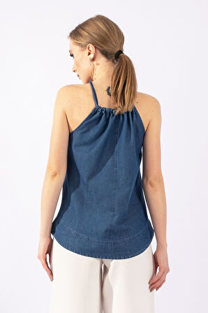 Kadın Mavi Renk Boyundan Bağlamalı Örme Kumaş Penye Tunik